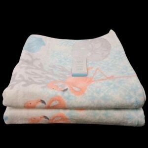 2pc Resort Tropical Pink Flamingo Starfish Seashell Velour Bath TOWEL Set New